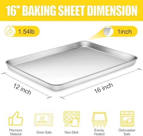 Terlulu Baking Sheet, Cookie Sheet, Stainless Steel Baking Pan, 2 Piece-16''x 12'' x 1'', Sheet Pan for Oven, Jelly Roll Pan, Baking Tray for Baking&Roasting, Nonstick&Nontoxic&Easy Clean