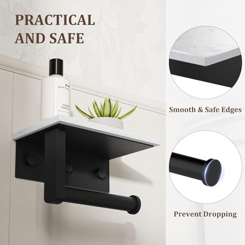 BWE Matte Black Toilet Paper Holder with Marble Shelf Wall Mounted