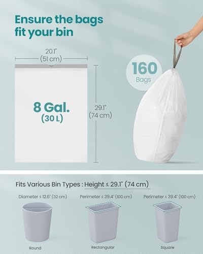 SONGMICS Trash Bags, for 8-Gallon (30 L) Trash Can, 4 Rolls, 160 Count
