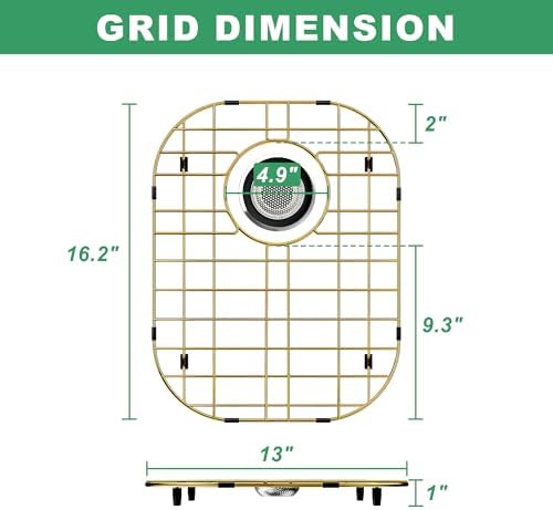 Golden Kitchen Sink Rack,16.2”x13” Sink Protector for Kitchen Sink with Rear Drain,Stainless Steel Sink Grate with Strainer, Metal Sink Grid with Corner Radius 3-1/2" for Bottom of Sink,1 pack