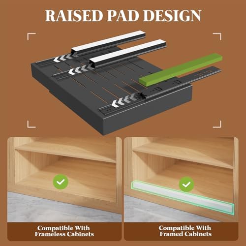 Seinloes 4 Pack Expandable Pull Out Cabinet Organizer 21"Deep With Raising Pad for Framed Cabinets,Upgrade 3 Slide Rails Slide Out Drawers,No Drill Roll Out Shelves,Adjustable Width 12.1"-20.4" Black