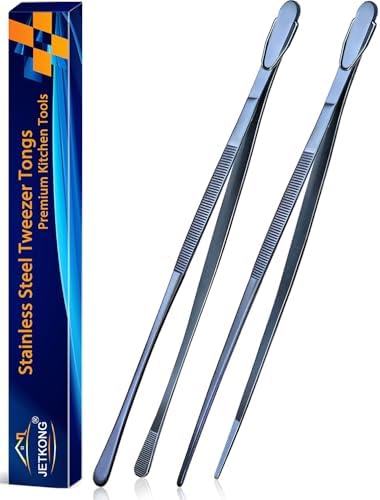 JETKONG 2 Pcs 14-Inch Cooking Tweezer Tongs Extra- Long Stainless Steel Kitchen Tweezers Plating Tongs (Navy Blue)