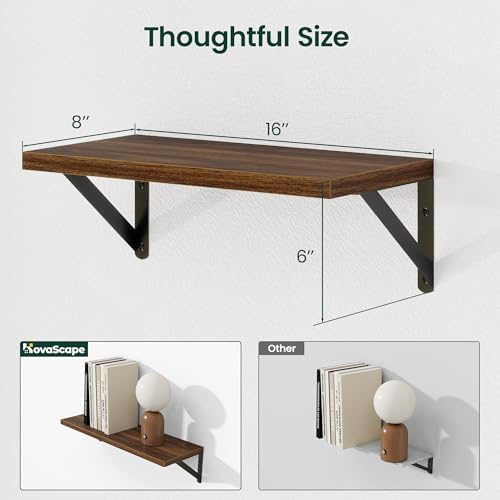 Floating Shelves 8 Inch Deep, 16W x 8D Wall Shelf Set of 2, 35 lbs Heavy Duty Reversible Metal Brackets, Industrial Book Shelf for Living Room Kitchen Bathroom Bedroom Gallery Wall, Walnut