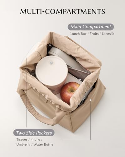 EACHY Insulated Lunch Bag for Women, Upgraded 13L Large Capacity Lunch Box, Stylish Drawstring Tote with Stain-Resistant Wipe-Clean Lining, Thermal Cooler Carrier for Work, Nursing and Commute (Beige)