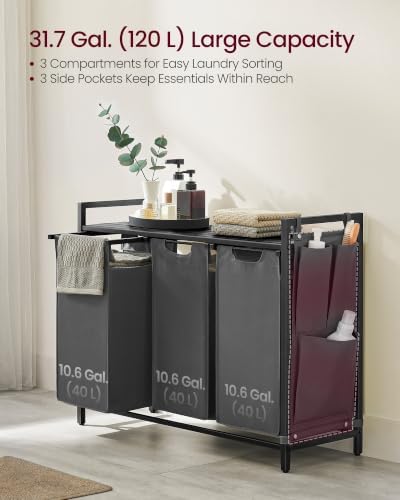 VASAGLE Laundry Hamper with Shelf, 3 Pull-Out Bags, 3 x 10.6 Gallons (40 L)