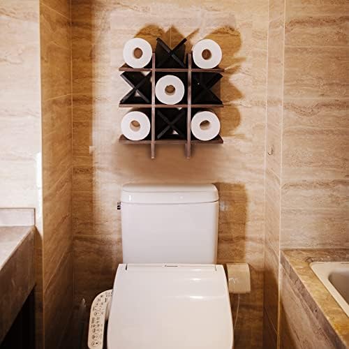 GENMOUS Handmade Tic Tac Toe Toilet Paper Holder Stand with 4pcs Wooden X, Funny Wall Mounted Toilet Papers Storage with Shelf, Farmhouse Paper Roll Storage for Guest Bathroom or Toilet Décor