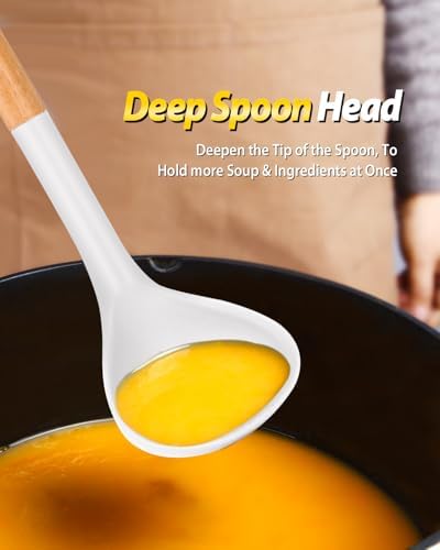 BUNDLEPRO Silicone Soup Ladle and Pasta Spoon Set with Wooden Handle