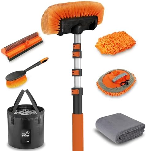 LAANPOLE 16FT Car Wash Brush with Long Handle, Car Cleaning Kit with Soft Bristle Wash Brush, Microfiber Cleaning Mop, Window Squeegee, Mitt, Wheel Brush, Bucket, Drying Towel for RV, Truck, Boat