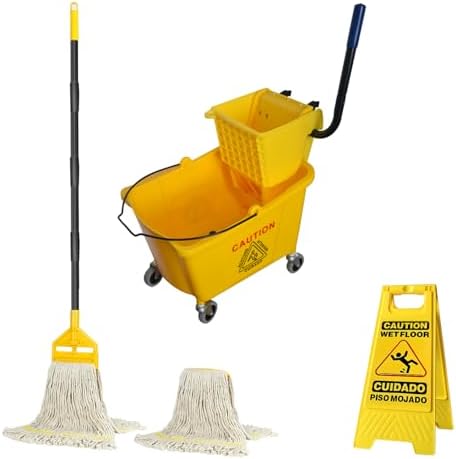 KULED Commercial Mop Bucket with 2 Mop Heads and Caution Sign, 38 Quart