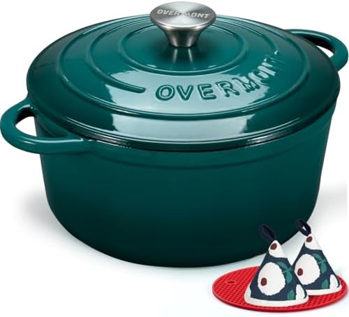 Overmont Enameled Cast Iron Dutch Oven - 5.5QT Pot with Lid Cookbook & Cotton Potholders - Heavy-Duty Cookware for Braising, Stews, Roasting, Sourdough Baking bottle green