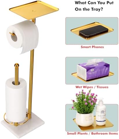 Toilet Paper Holder with Tray At the Top, Sturdy Marble Base No Wobby, Holding Extra 3 Toilet Paper Rolls As Spare Use, Freestanding No Drilling (Gold)