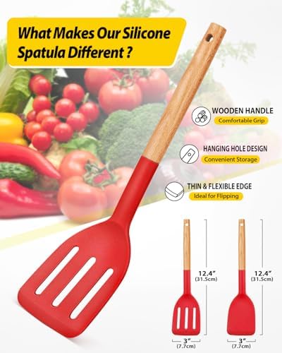 BUNDLEPRO Silicone Spatula, Solid & Slotted Turner, BPA-Free, 2 Pack, Red