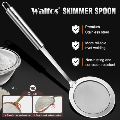Walfos Fat Skimmer Spoon, Stainless Steel Fat skimmer For Cooking, Fine Mesh Strainer, Food Strainer Fit For Separation Of The Floating Foam, Fat, Grease - Set of 2 Sise