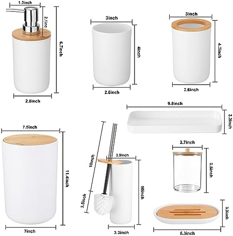 iMucci Bathroom Accessories Set with Trash Can,Toilet Brush,Toothbrush Holder, Lotion Soap Dispenser, Soap Dish,Toothbrush Cup,Qtip Holder(8Pcs White Wood Cover)