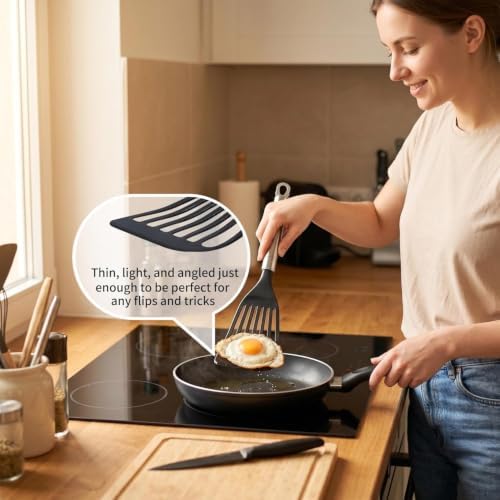 KSENDALO 2 Pack Thin Flexible Fish Spatula for Nonstick Cookware, Black