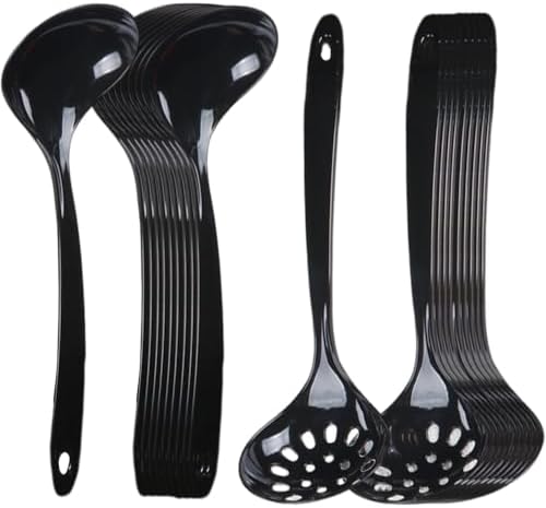 Large Plastic Serving Spoons,Disposable Heavy Duty Serving Spoons,Long Handle Scoop Soup Rice Ladle for Party Catering Buffet Restaurant,20 Pieces (10 Black Colander +10 Black Spoon)