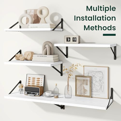 Floating Shelves 12 Inch Deep, 48W x 12D Wall Shelf Set of 2, 70 lbs Heavy Duty Reversible Metal Brackets, Deep Industrial Book Shelf for Living Room Kitchen Bath Bedroom Coffee Bar, White