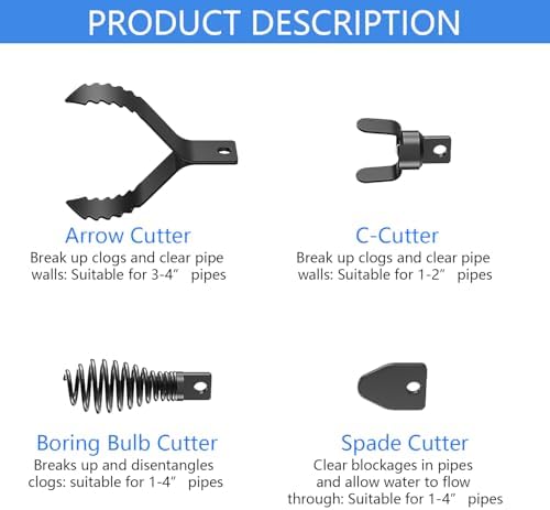 4-Piece Drain Snake Attachment Replacement Cutters-Boring Bulb Cutter,C-Cutter,Spade Cutter,Arrow Cutter-Compatible with 50FT-100FT Drain Snake for 1-4“ Pipe