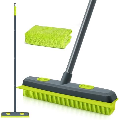 TidyBliss Pet Hair Removal Broom with Squeegee, 55 inches Rubber Brush Carpet Rake Fur Remover Tool and 1 Microfiber Cloth for Cleaning Rug, Tile, Hardwood Floor (Green)
