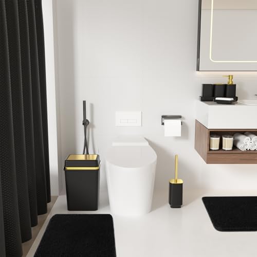 24PCS Bathroom Sets with Shower Curtain and Rugs Bathroom Accessory Set Black Bathroom Set, 4 Gallon Trash Can, Toilet Brush, Lotion Dispenser, Toothbrush Holder, Tray, Soap Dish