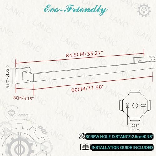 LANC 32-Inche Long Towel Bars for Bathroom Wall Mounted Polished Chrome Bath Towel Racks Stainless Steel Silver Towel Rails for Kitchen Square Towel Holder Total-33.5” Towel Hanger, A8804CP-8P1