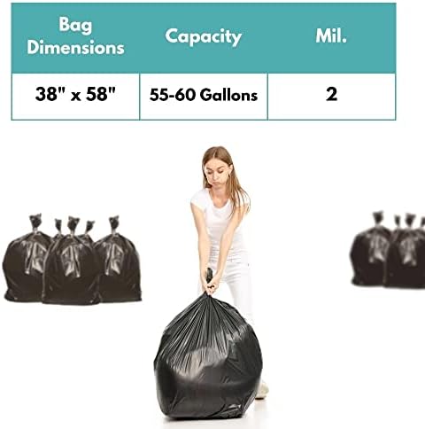 PSBM 55-60 Gallon Black Trash Bag, 200 Bags, 2 Mil Thick, For Commercial Kitchen, Warehouse, Office, Janitorial, Can Liners, Large Garbage Bags