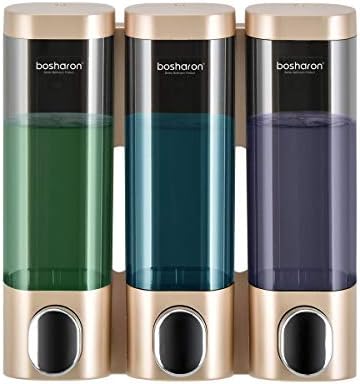 Triple Soap Dispenser Plastic Wall Mount Manual Liquid 3x300ml Shampoo dispensers with Lock for Bathroom (Gold)