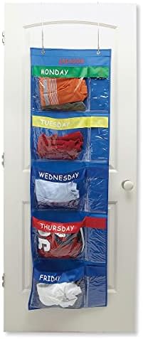 Lillian Vernon Primary Colors Days Of The Week Hanging Clothing Organizer–Personalize With Name, Weekly Monday-Friday Over Door Weekday Kids Clothes Storage System, Sturdy Primary Poly, 19-1/2" x 62"
