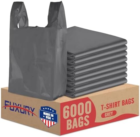 Fuxury 6000 (6K) Count Plastic T-shirt Bags Plain Grey 11.5" x 6.5" x 21", Grocery, Trash, Take Out, To Go, Restaurants, Retail Shopping Bags in Bulk for Small Business