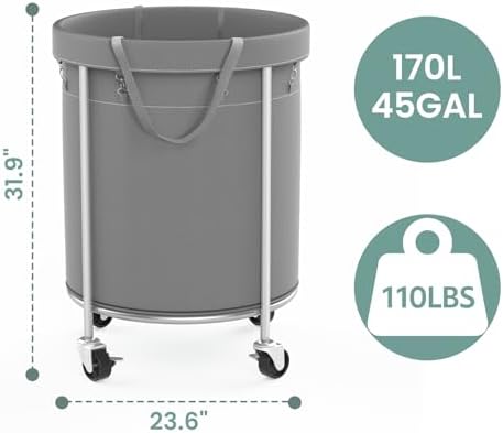 Aduanbang 170L Laundry Basket with Wheels, Rolling Hamper with Removable Bag & Steel Frame, Round Laundry Cart with 4 Casters & 2 Brakes, Ideal for Bedroom, Bathroom & Laundry Room
