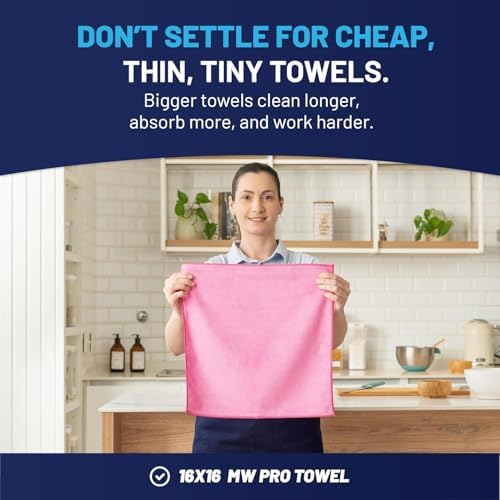MW PRO Microfiber Cleaning Cloths Pink (12 Pack, 12x12) - Commercial Janitorial Towels & Lint Free Rags - Heavy Duty for Auto Detailing, Glass Windows, Housekeeping & Screens - Washable 300+ Times