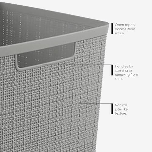 Curver Set of 6 Medium 12L Jute Decorative Plastic Organization and Storage Baskets - Perfect Bins for Home Office, Closet Shelves, Kitchen Pantry and All Bedroom Essentials, Grey