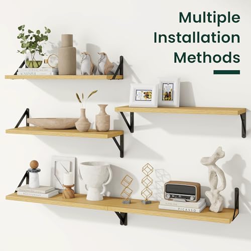 Floating Shelves 8 Inch Deep, 36W x 8D Wall Shelf Set of 2, 60 lbs Heavy Duty Reversible Metal Brackets, Industrial Book Shelf for Living Room Kitchen Bathroom Bedroom Gallery Wall, Oak