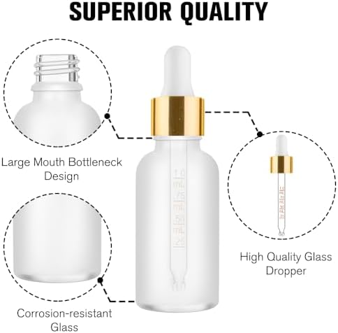 PrettyCare 1oz Glass Dropper Bottle Set of 24, Thick Rose Frosted Glass Bottles Empty with Leakproof Caps, Labels, Funnels - 30ml Eye Dropper Bottles for Storage, Travel, Essential Oils, Tincture