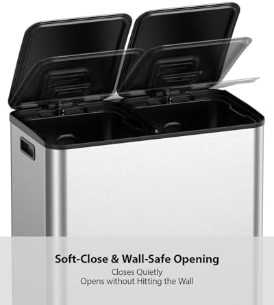 Lovewind Dual Trash and Recycling Bins for Kitchen, 2 * 11-Gallon Stainless Steel Double Trash Can, Step-On Garbage and Recycle Combo, Quiet Close, Pet-Proof, Compatible with 13-Gallon Bags, Silver