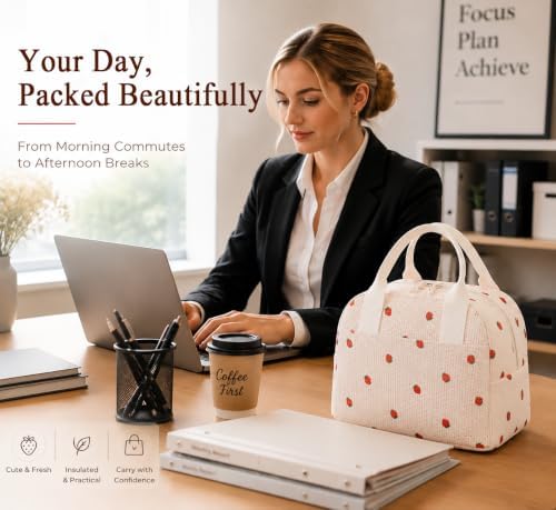 LOVELYWIND Lunch Box for Women, Strawberry Print Insulated Lunch Bag