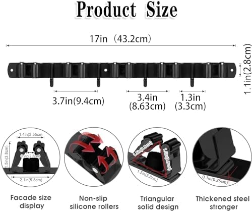 Black Broom Holder Wall Mount, 5 Racks 4 Hooks Mop and Broom Organizer