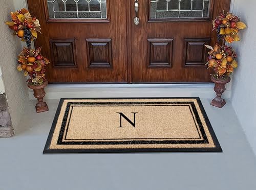 A1 HOME COLLECTIONS Natural Coir & Rubber Hand-Flocked Monogrammed Doormat - Heavy Duty Anti-Shedding Front Door Mat, Thick & Durable Entrance Mat - N, 24" x 48"