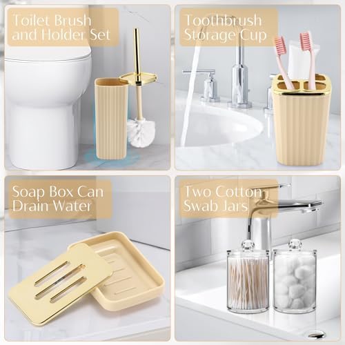 17PCS Bathroom Accessories Set, Beige Bathroom Set Bathroom Accessories Set with Trash Can, Toilet Brush, Toothbrush Holder, Qtip Holder & 3PCS Soap Dispenser