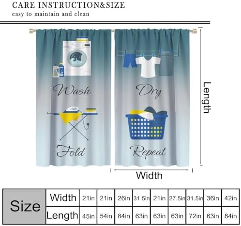 JESTRONRY Laundry Room Blue Theme Curtains,Simple Drawn Wash Dry Fold Repeat Decor Print Fabric Window Treatments Kitchen Bathroom Curtain, Home Decor Rod Pocket Window Drapes 52x84 Inch Blackout