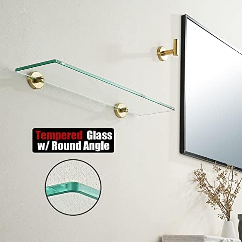 JQK Bathroom Glass Shelf Gold, Tempered Glass Shower Storage 24 by 5 inches, 304 Stainless Steel Brushed Gold Wall Mount, TGS101L24-BG