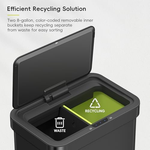 EKO Econova 30L+30L Dual Compartment Motion Sensor Trash Can,16 Gallon Automatic Kitchen and Recycling Bin, Soft-Close Lid, Stainless Steel Garbage Bin, 2 Inner Buckets, Matte Black