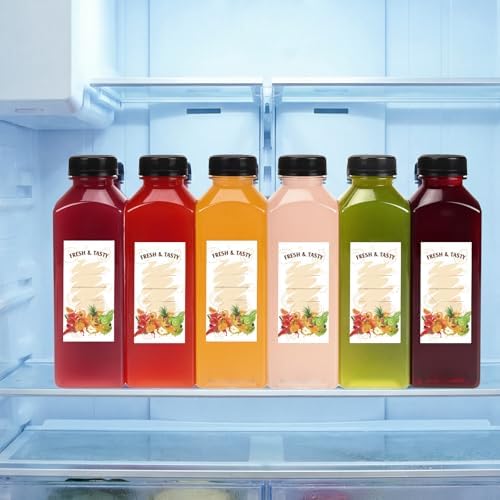 BAKHUK 708pcs 12oz Empty Plastic Juice Bottles with Caps, Sticker Labels