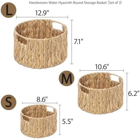 Natural Hand-Woven Water Hyacinth Baskets with Handles(Set of 3)