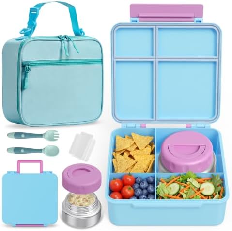 Bento Box for Kids with Thermo Food Container (9oz), 4-Compartment Lunch Box, Adjustable Divider, Leakproof Bento Lunch Box, Includes Utensils & Carry Bag for School, Office(Light Blue)