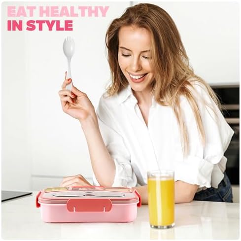 EASYFUN Bento Box Adult, Lunch Box, 4-Compartment Lunch Containers, Drop-Proof, Dishwasher Safe & Made with BPA-Free Materials (Pink)