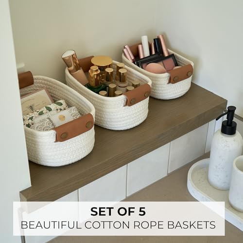 Beautiful Storage Basket Set of 5 - Sturdy Cotton Rope Baskets for Shelves