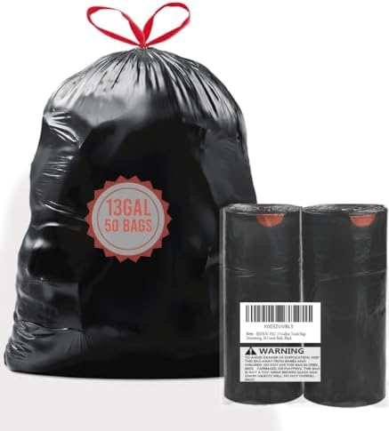 BEIDOU-PAC 13 Gallon Trash Bags Drawstring, 50 Count Bulk, Black & Unscented Garbage Bags, Multi-purpose Tall Kitchen Trash Bags Can Liners for Business Home Commercial and Industrial
