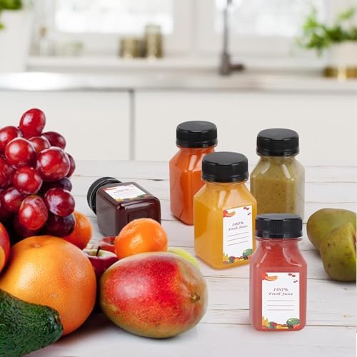 OBKJJ 40 pcs 4oz Pcs Juice Bottles, Juice Bottle with Caps Reusable Empty Clear Bottles with Label, Funnel, Brush Bulk Beverage Containers for Juicing, Drinking, Smoothie and Other Beverages (4-OZ)