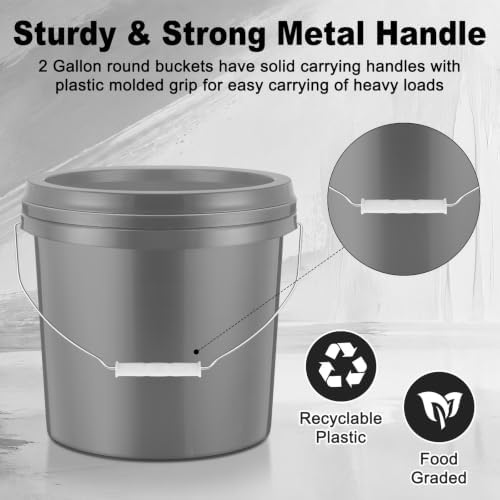 Tioncy 10 Pcs 2 Gallon Plastic Bucket with Lid Heavy Duty 2 Gallon Bucket Pail with Lid Handle for Storage Container Home Household Cleaning (Black,Grey,White)